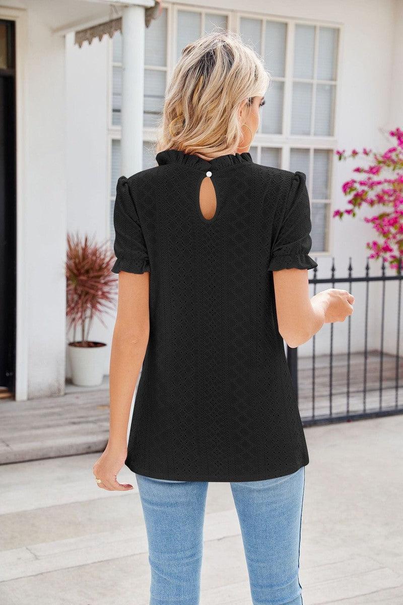 Cheky - New Fashion Lacework Round Neck Top Summer Puff Sleeves Hollow Design Loose Pleated T-shirt For Womens Clothing