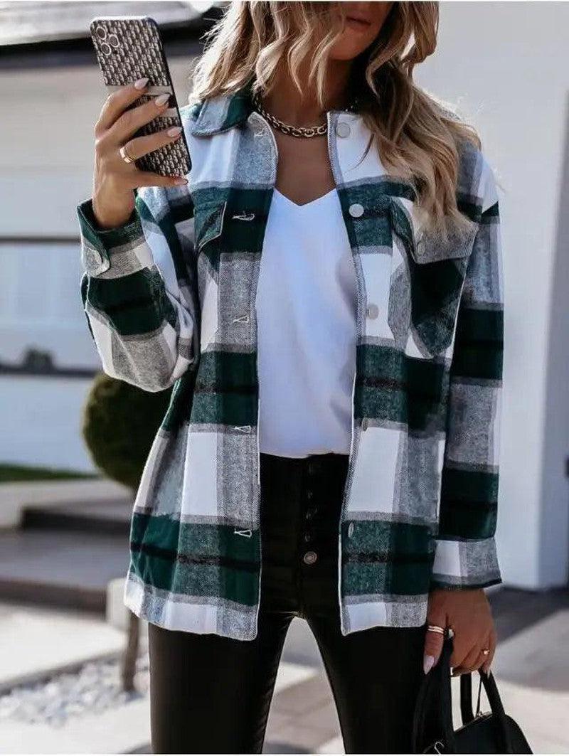 Cheky - Autumn And Winter Long-Sleeved Plaid Shirt Jacket Women