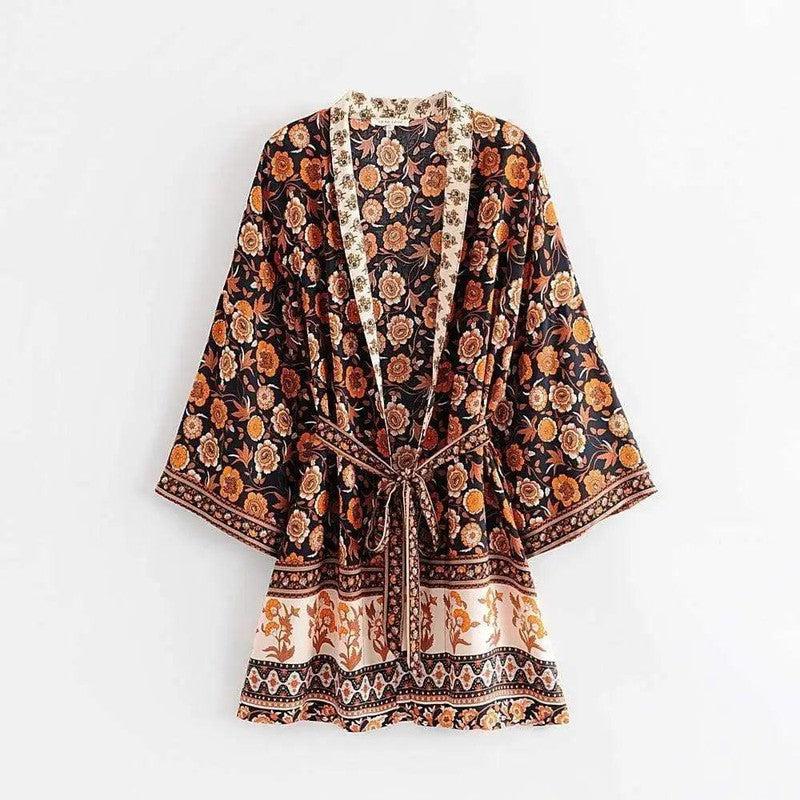 Cheky - Black Flower Waist Loose Short Kimono