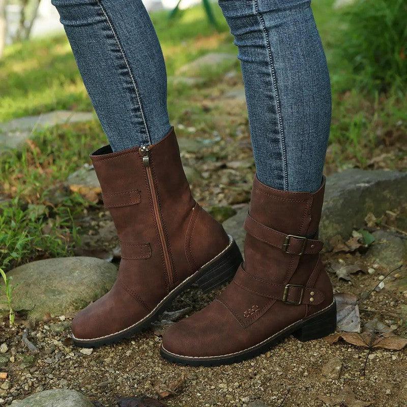 Cheky - Casual Round Toe Belt Buckle Women Boots