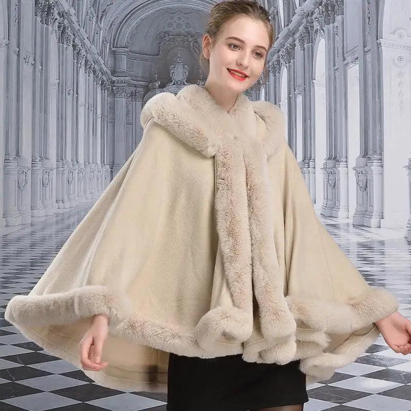 Cheky - Double-layer Hooded Cloak New Style Rex Rabbit Fur Collar