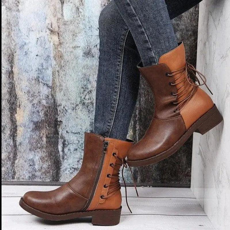 Cheky - Fashion New Round Head Belt Buckle Thick Heel Martin Boots Women