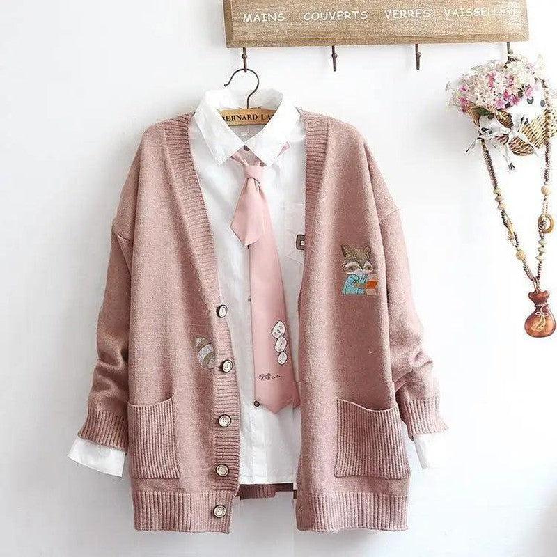 Cheky - Girly heart pocket fox embroidery knitted cardigan