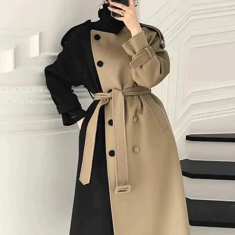 Cheky - High-Neck Contrast Double-Breasted Coat