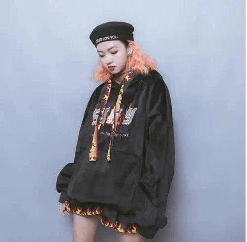 Cheky - Hip hop street flame ribbon embroidery loose hooded sweater