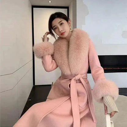 Cheky - Korean Version Large Fur Collar Slim Fit Medium Long Woolen