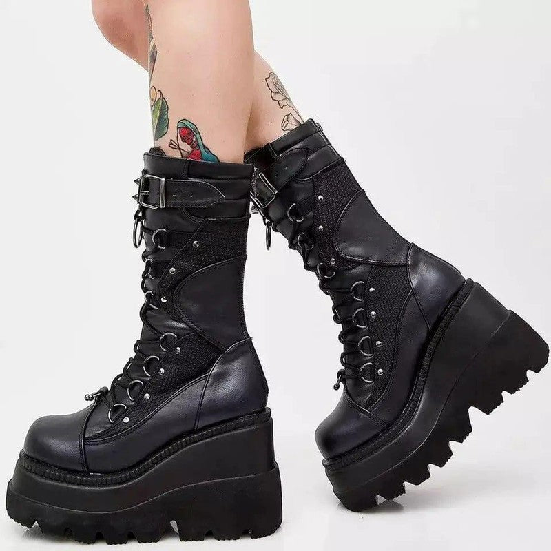 Cheky - Lace-Up Combat Boot Motorcycle Black Bucke Chunky Boots For Women Winter Shoes