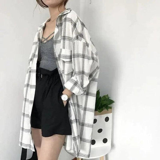 Cheky - Large Size Plaid Shirt Women Loose Long-sleeved Shirt Sun