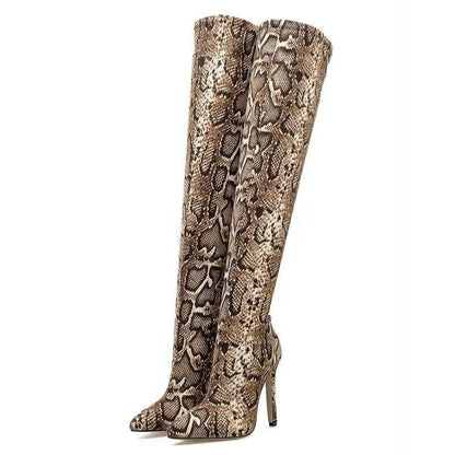 Cheky - Pointed Print Stiletto Heel Over The Knee Stretch Boots Women