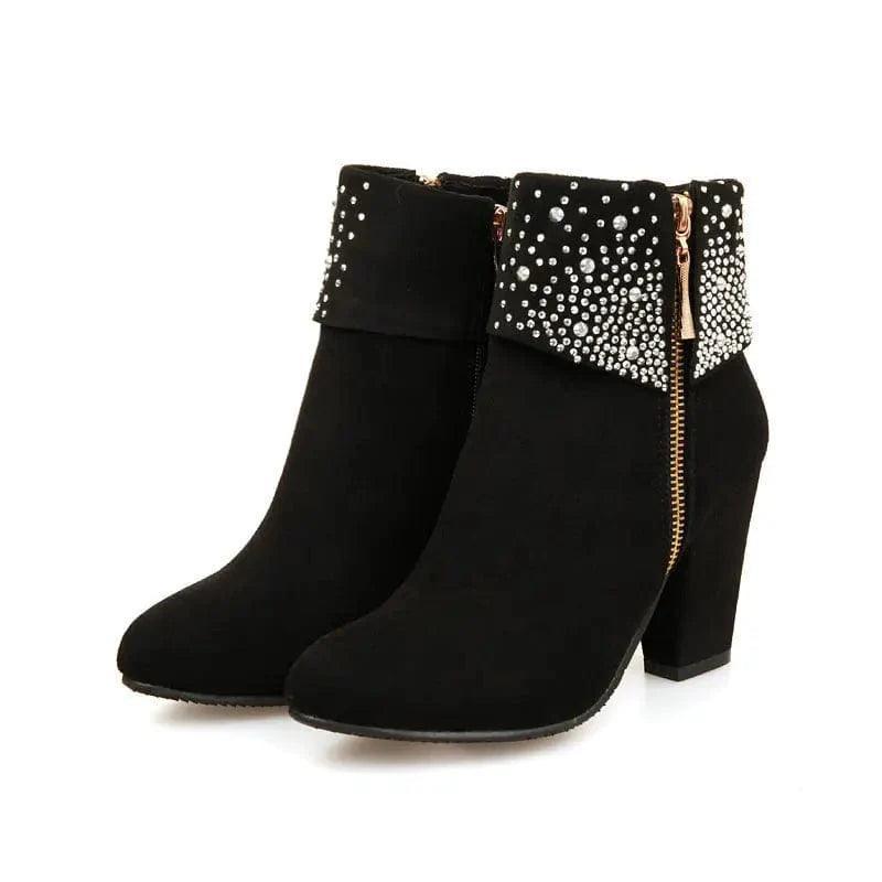 Cheky - Rhinestone nubuck short heel women boots