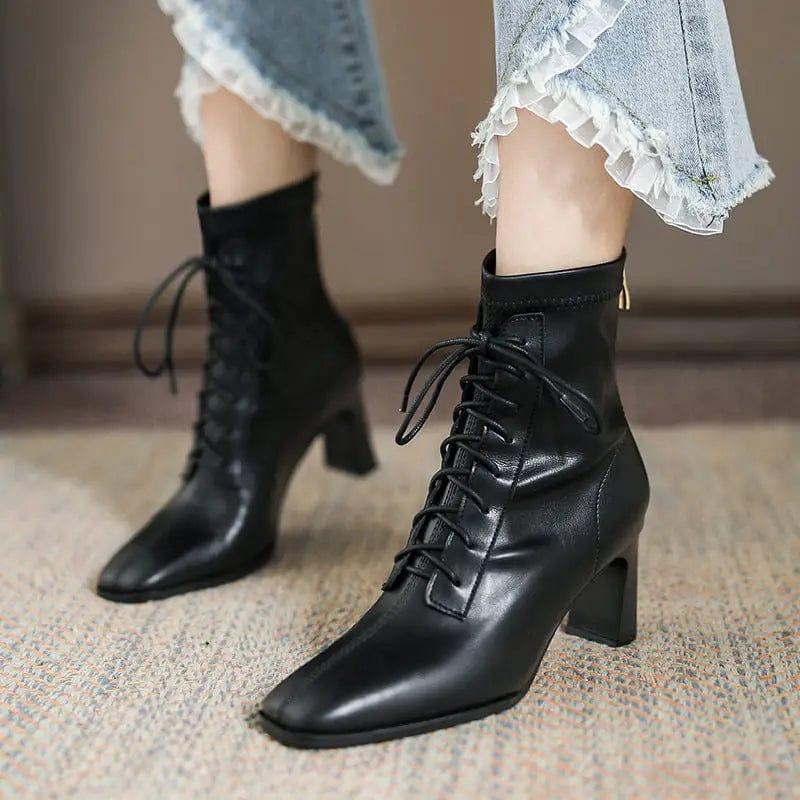 Cheky - Square Toe High Heel Boots PU Leather Women Ankle Boots