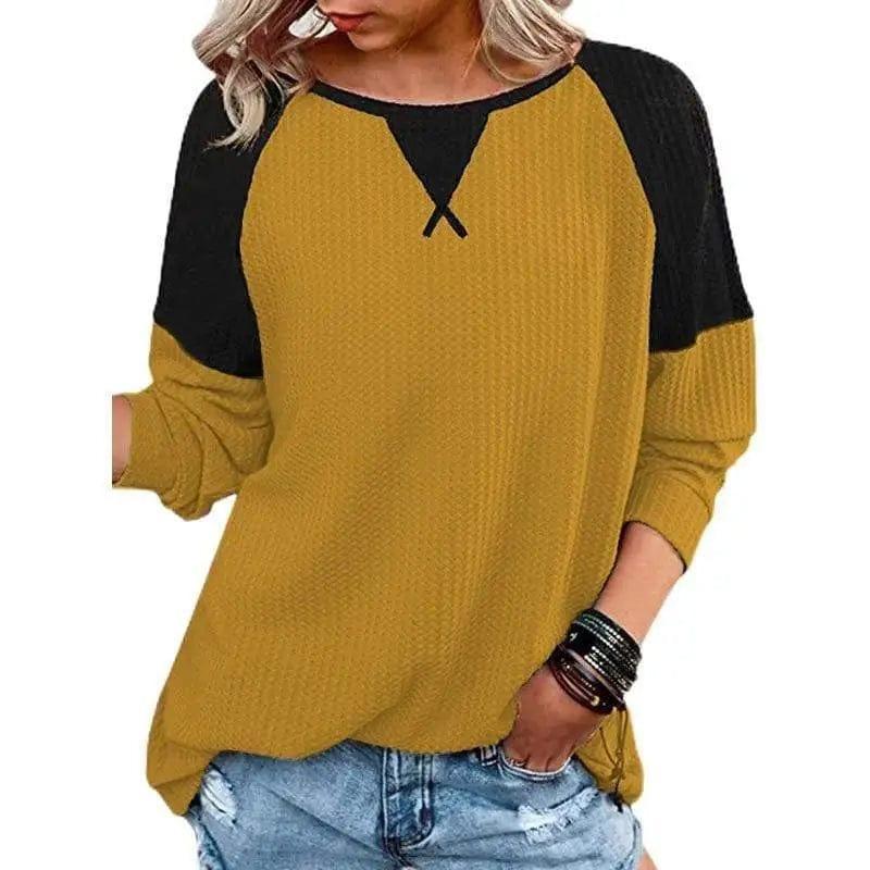 Cheky - Waffle Stitching Long-sleeved Round Neck T-shirt Top