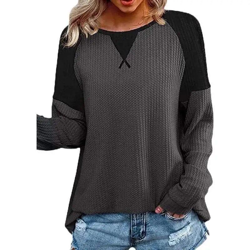 Cheky - Waffle Stitching Long-sleeved Round Neck T-shirt Top