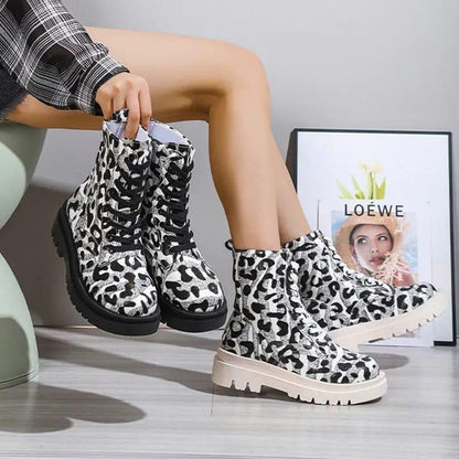 Cheky - Women Martin Boots Black White Leopard Print Low Heel Shoes Cowgirl Boots