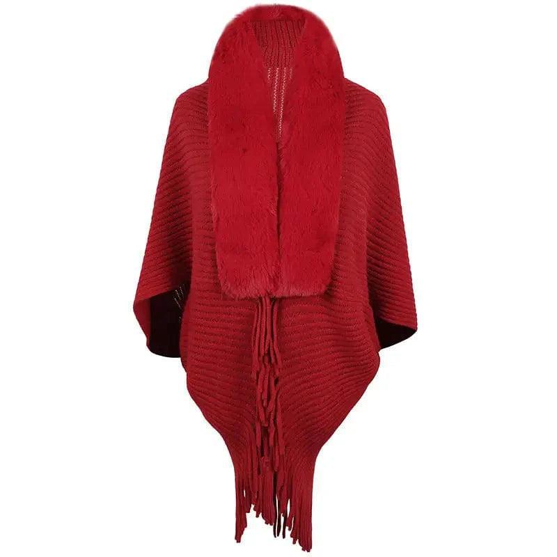 Cheky - Women's Fur Collar Tassel Shawl Knitted