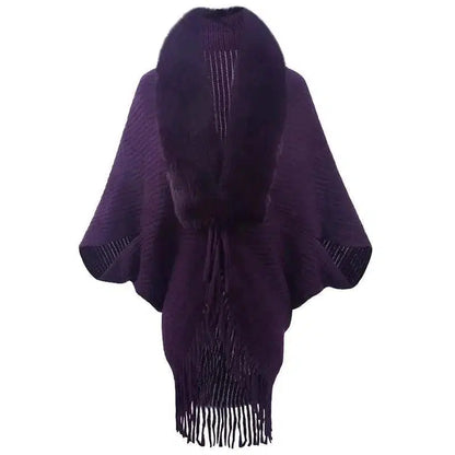 Cheky - Women's Fur Collar Tassel Shawl Knitted